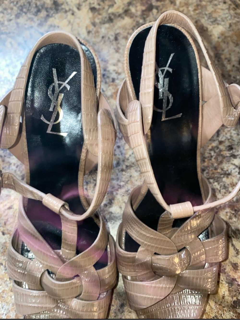 Saint Laurent Nude Tribute Croc-Embossed Leather T-Strap Heels - Picture 4 of 8